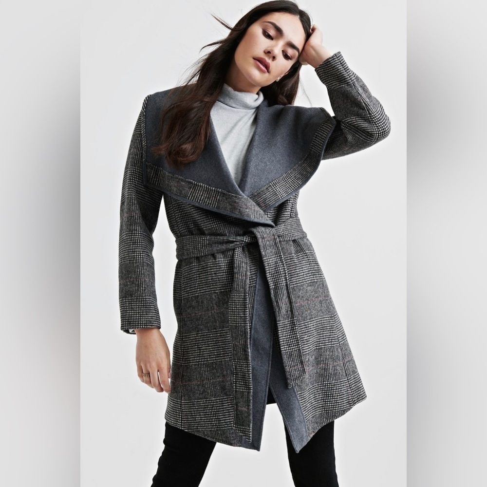 Lucky Brand Plaid Double Face Wrap Jacket In Grey Multi Size M